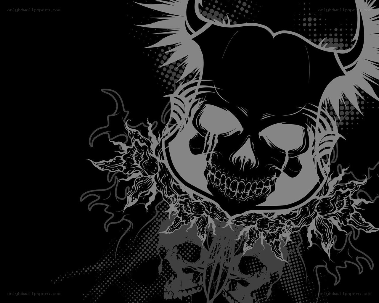 skull with horns and flames