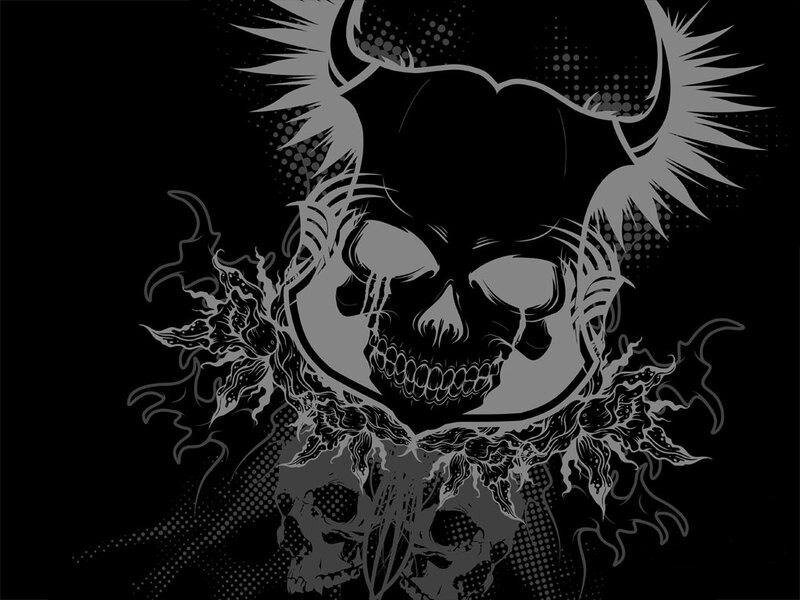 skull with horns and flames