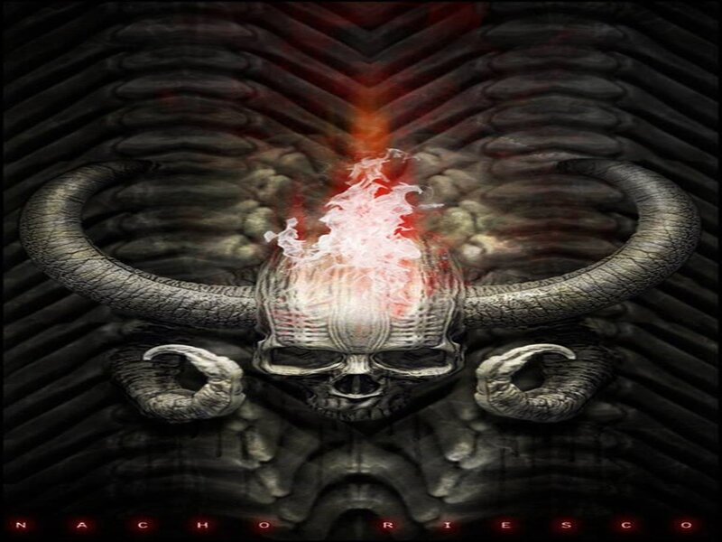 Skull with Horns and Flames — Black, Dark