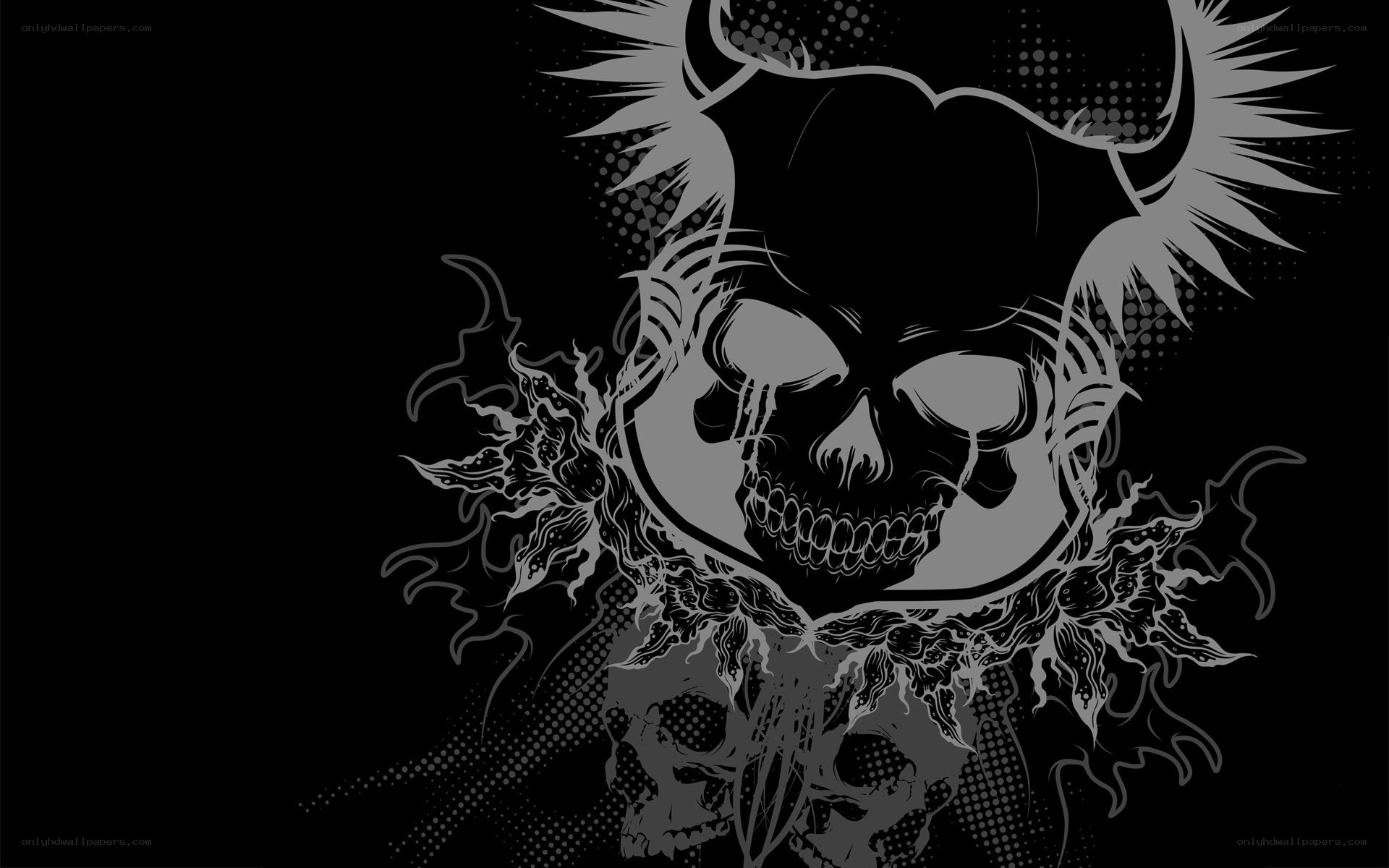 skull with horns and flames