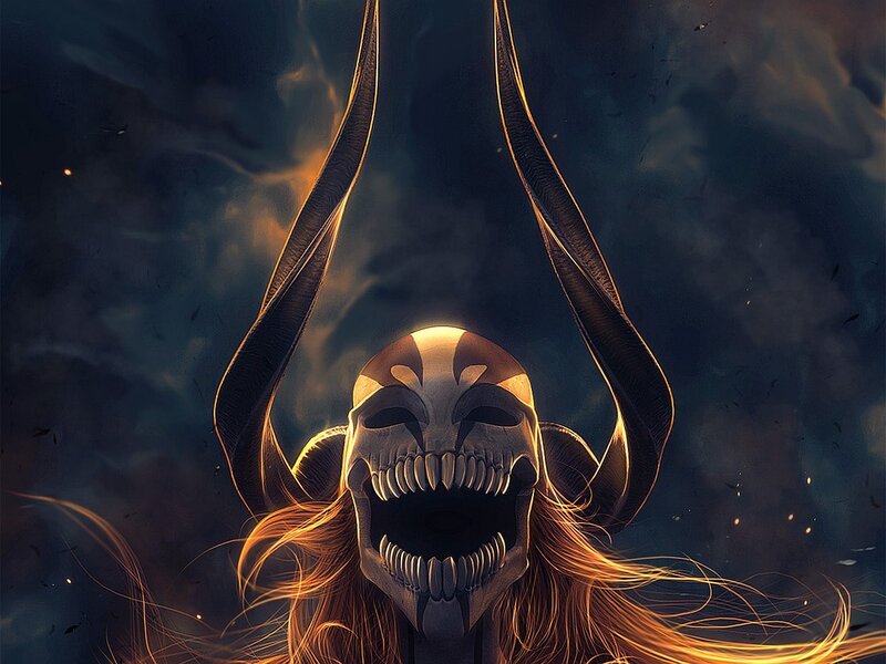 Skull with Horns and Hair — Black, Dramatic