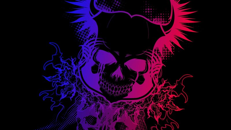 Skull with Horns — Black, Dark, Digital Art, Flames