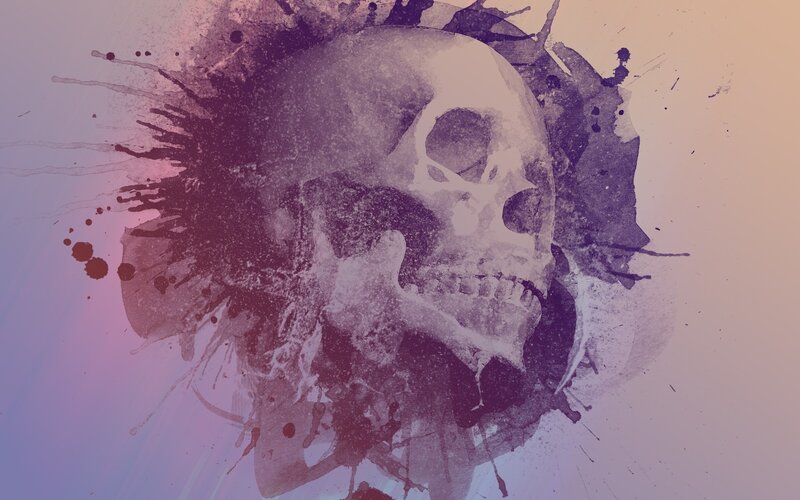 Skull with Ink Splatters — Purple, Dark, Digital Art, Ink Splatters
