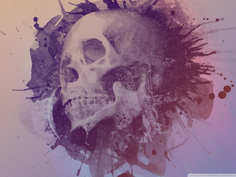 Skull with Ink Splatters — Purple, Dark, Digital Art