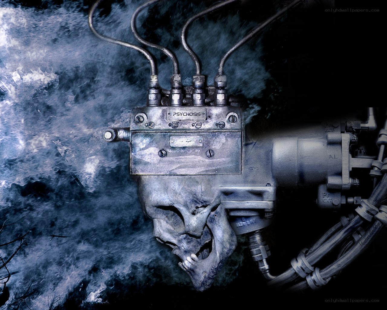 skull with mechanical device