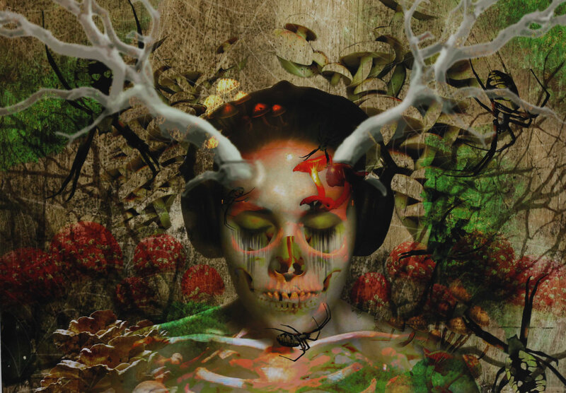 Skull with Mushrooms — Green