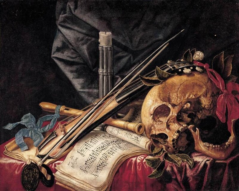 Skull with Musical Instruments — Red