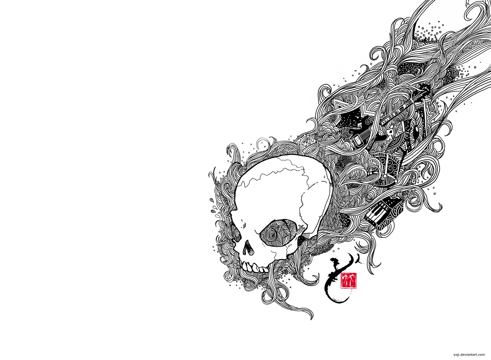skull with musical instruments
