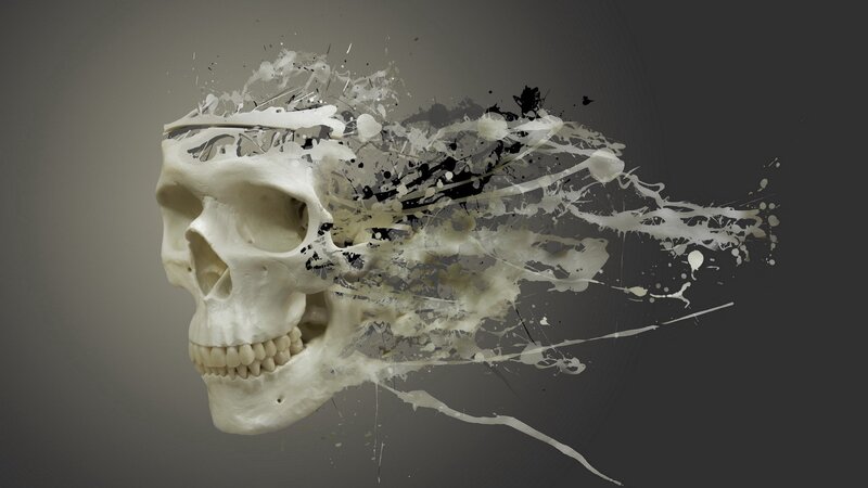 Skull with Paint Splatters — White, Dramatic