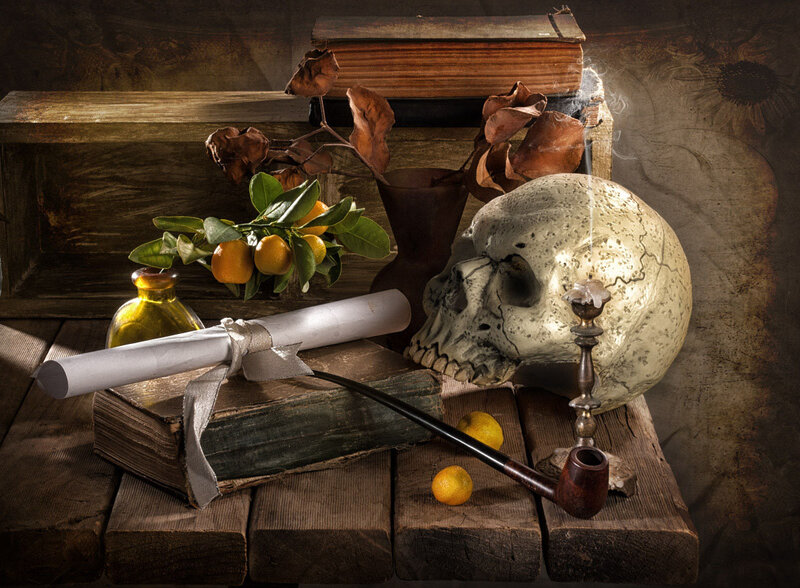 Skull with Pipe and Books