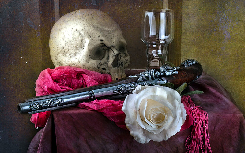 Skull with Pistol and Rose