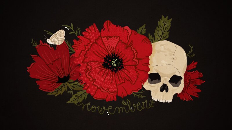 skull with poppies and butterfly