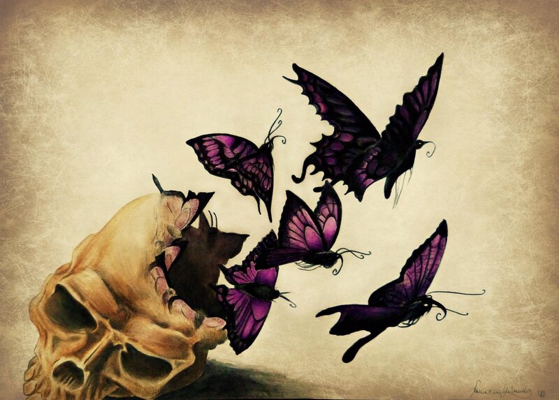 skull with purple butterflies