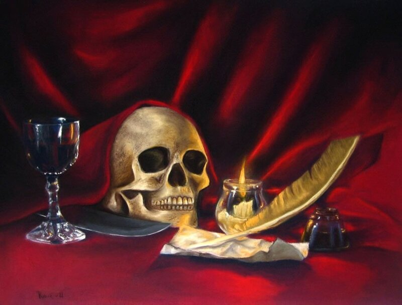 Skull with Quill and Glass