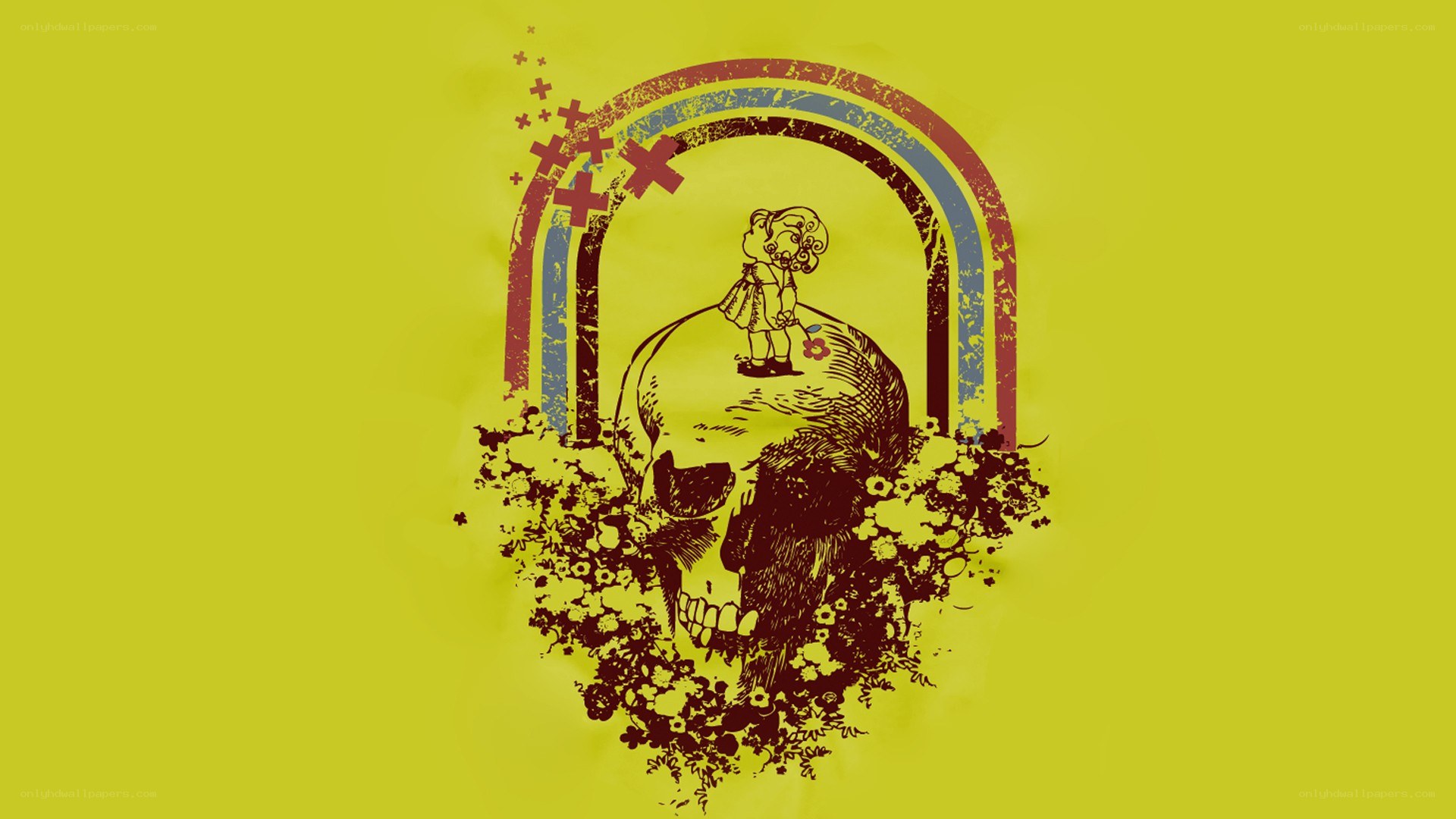 skull with rainbow and child