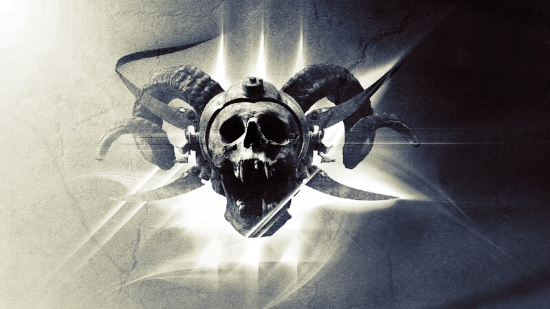 skull with ram horns and blades