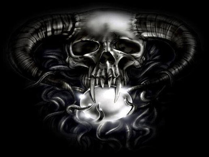 Skull with Ram Horns — Black, Dark, Digital Art, Glowing Orb