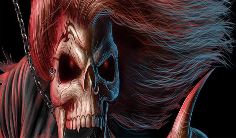 skull with red and blue hair
