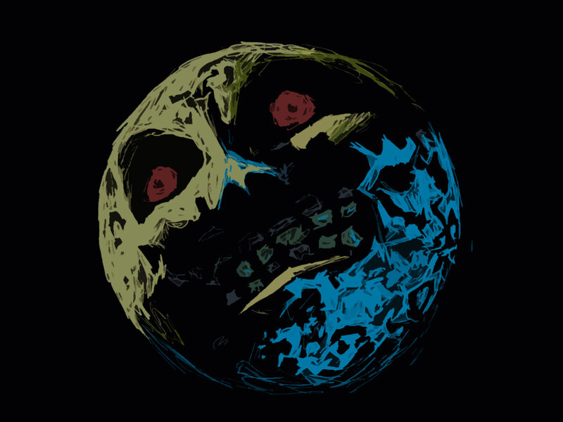 skull with red eyes and blue energy