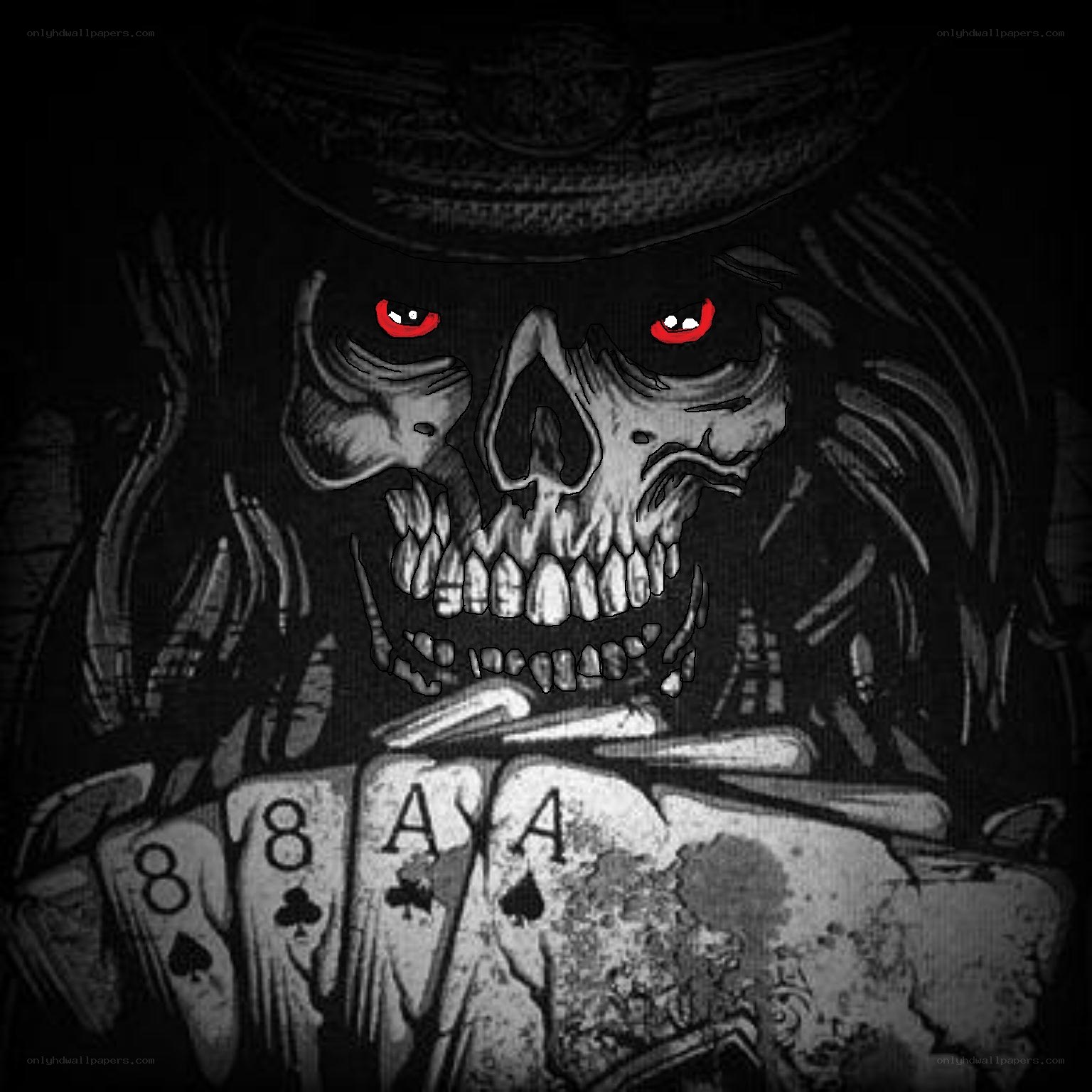 skull with red eyes holding cards