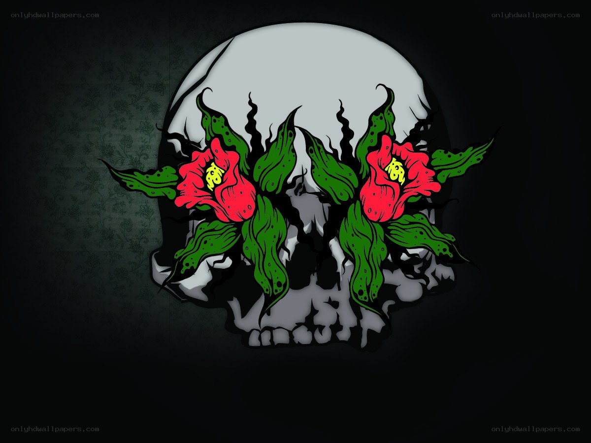 skull with red flowers
