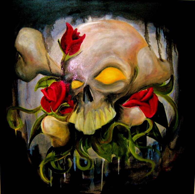 skull with red roses