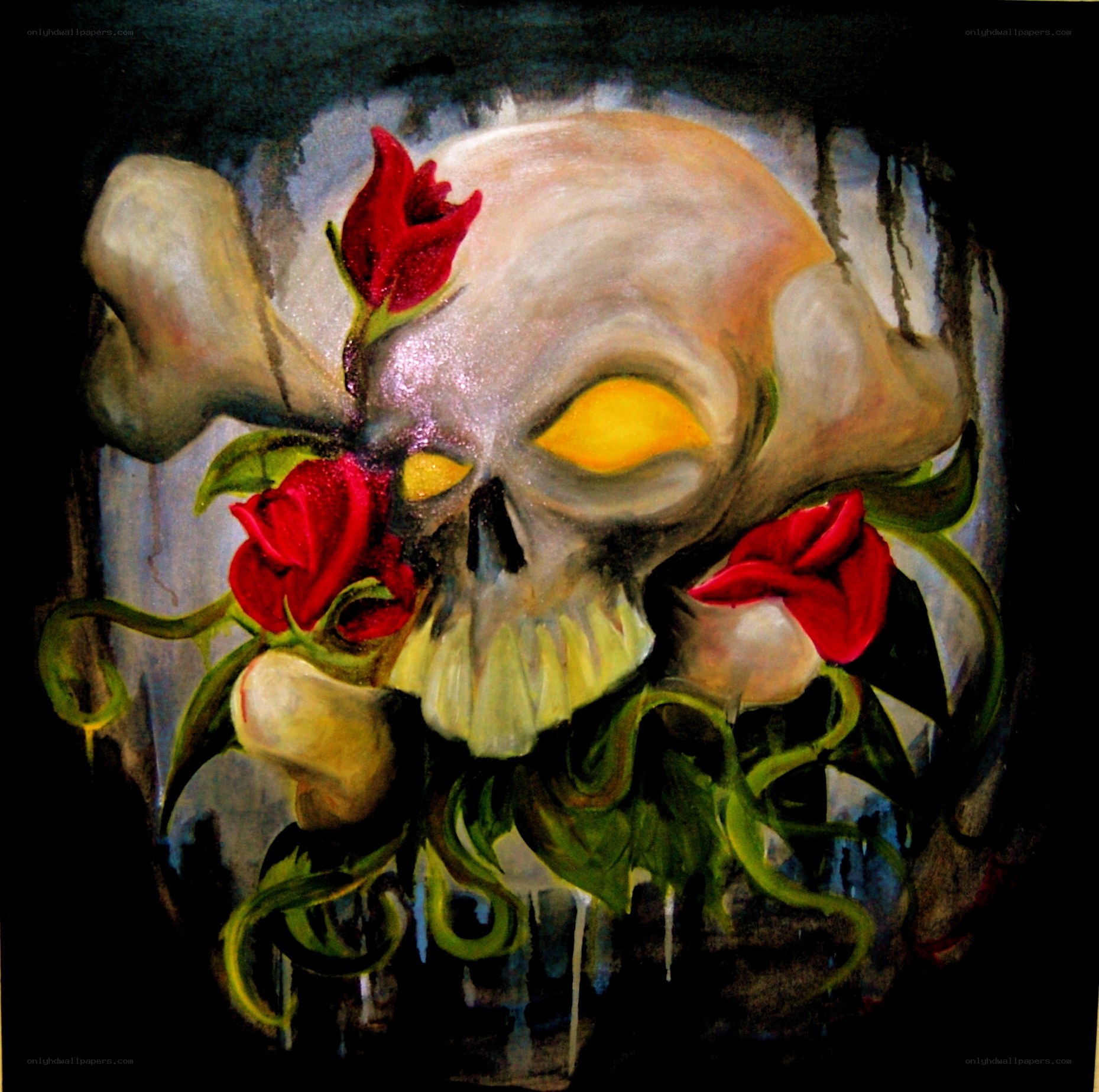 skull with red roses