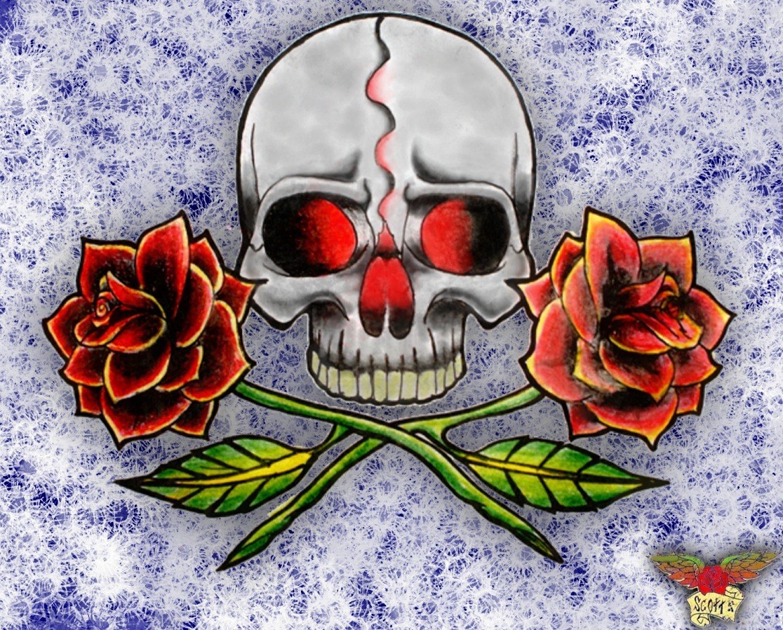 skull with red roses