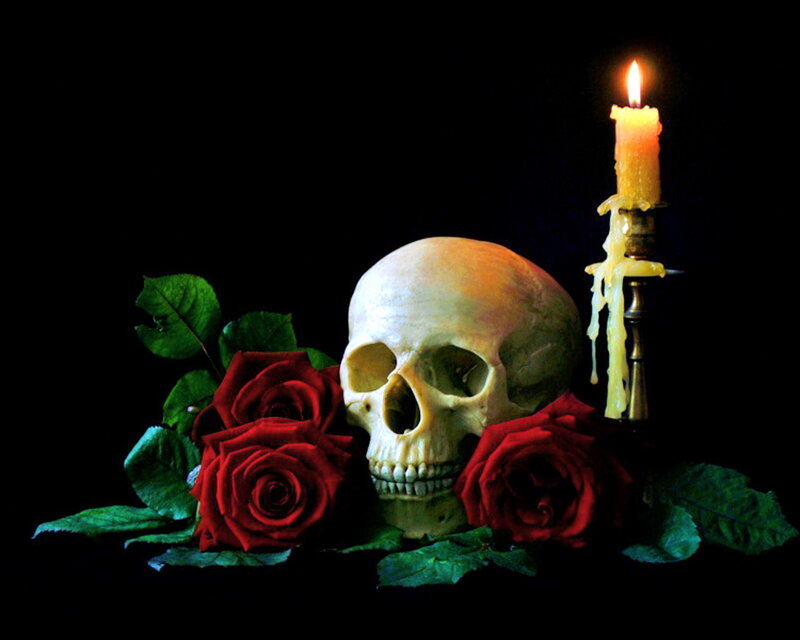 Skull with Red Roses — Black, Dramatic