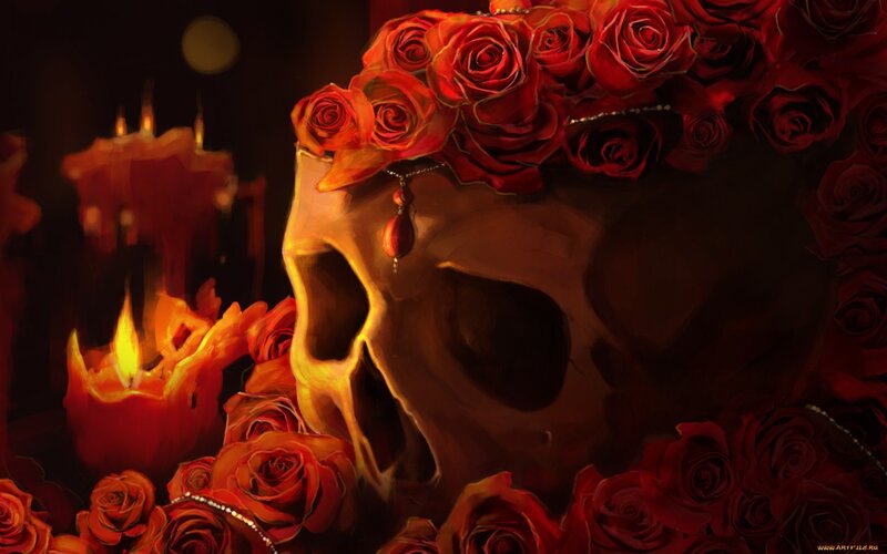 Skull with Red Roses — Dramatic