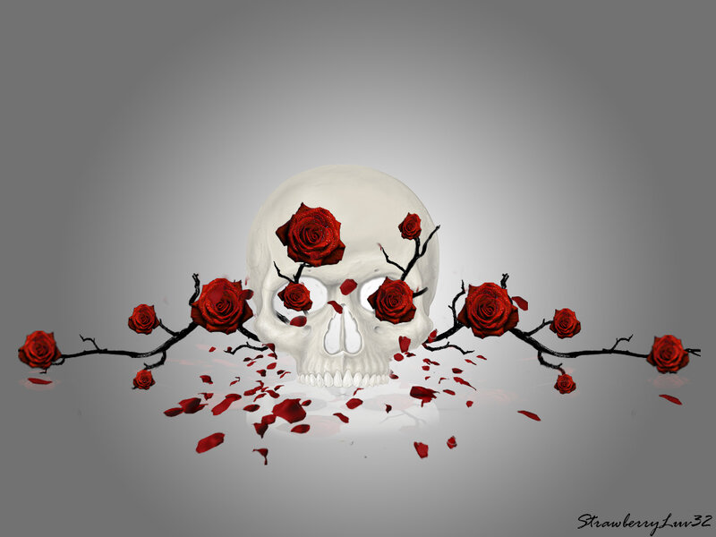 Skull with Red Roses — White