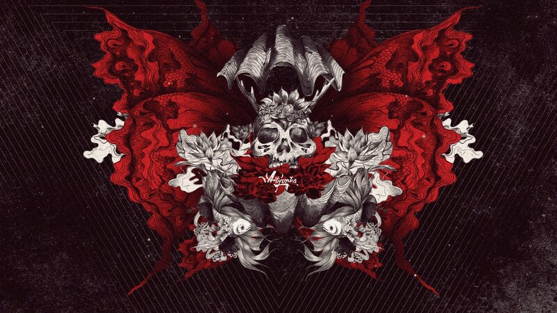 skull with red wings and flowers