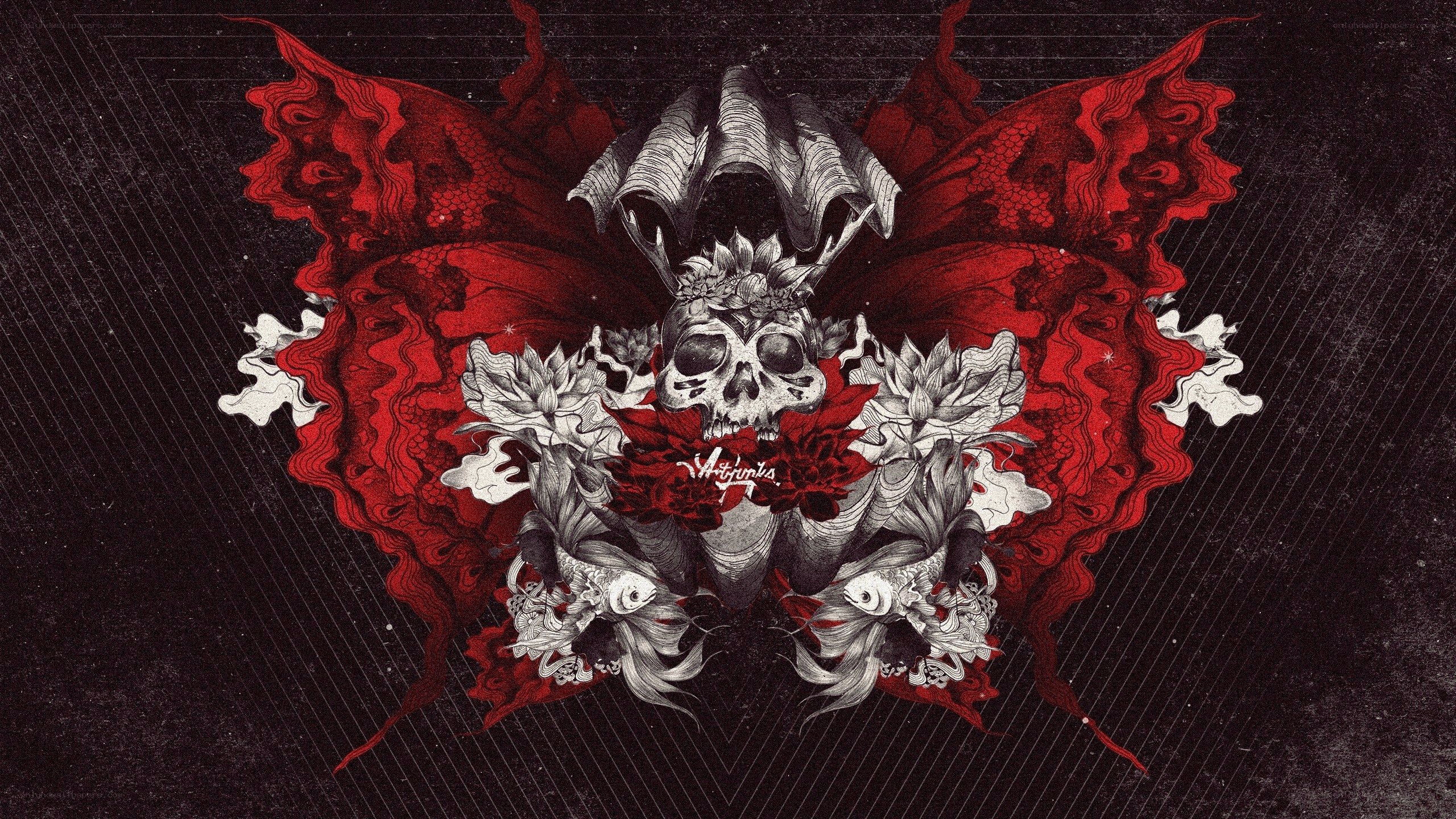 skull with red wings and flowers