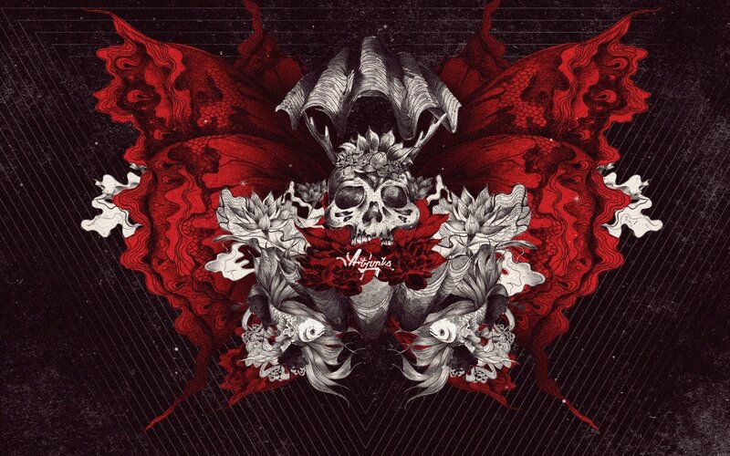 Skull with Red Wings — Dark, Digital Art, Flowers