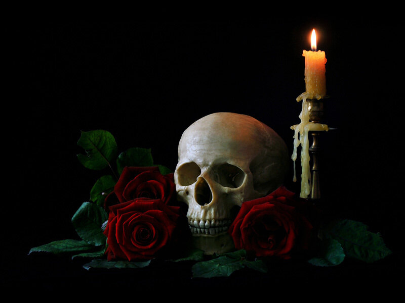 Skull with roses and candle
