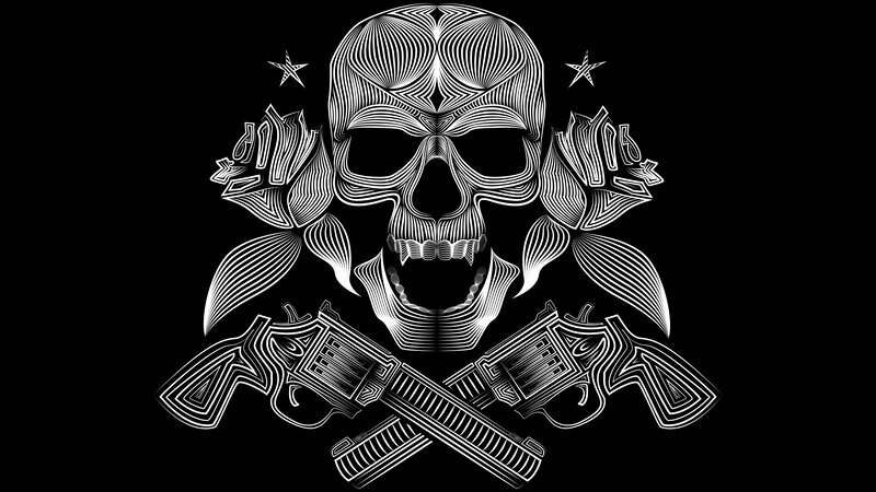 Skull with Roses and Guns