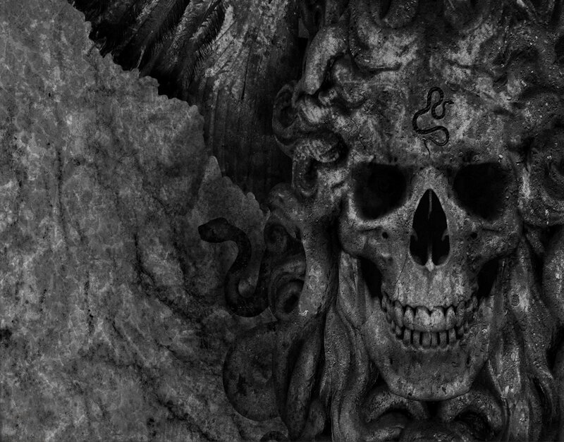 skull with snakes carving