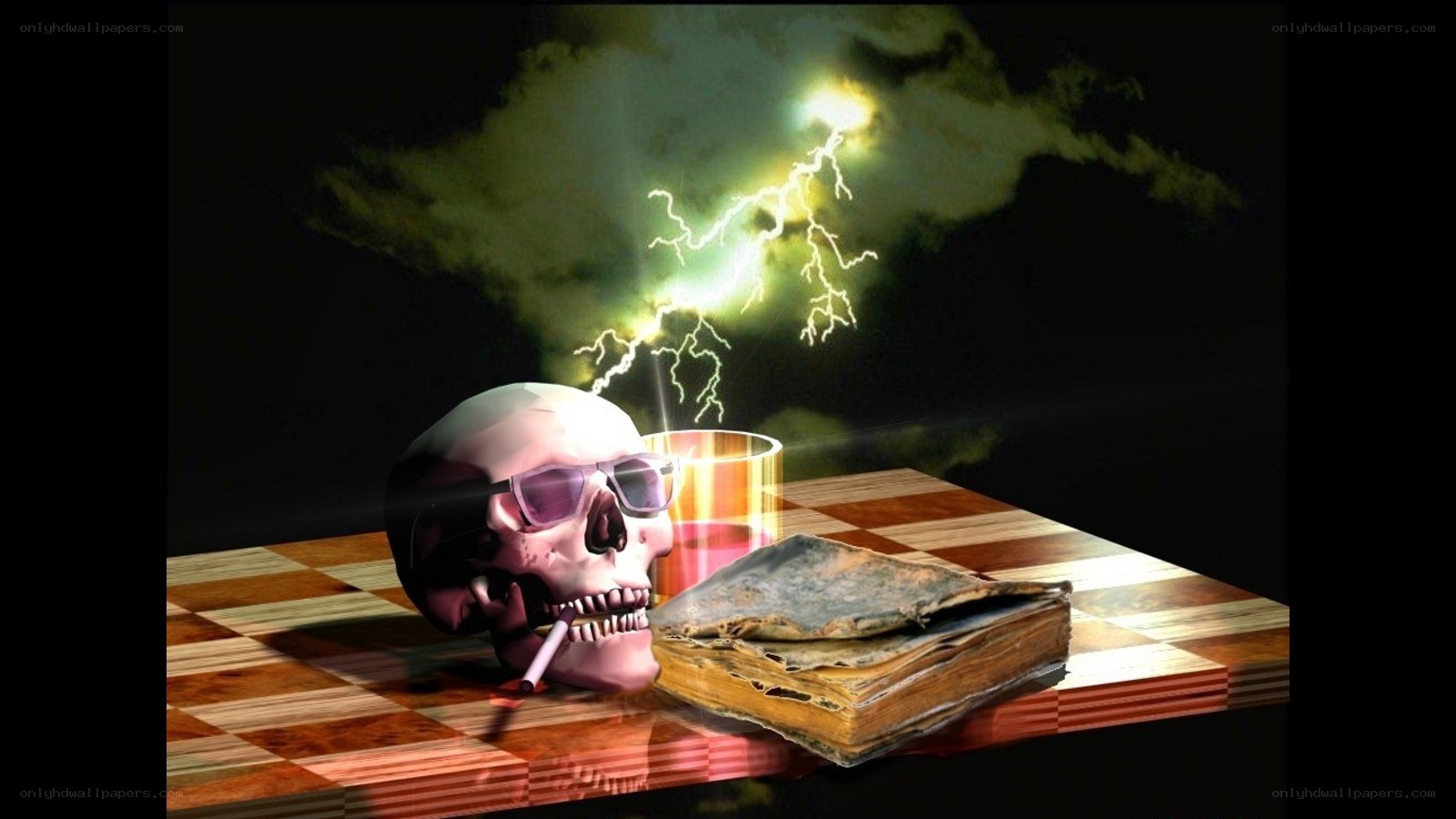 skull with sunglasses and book