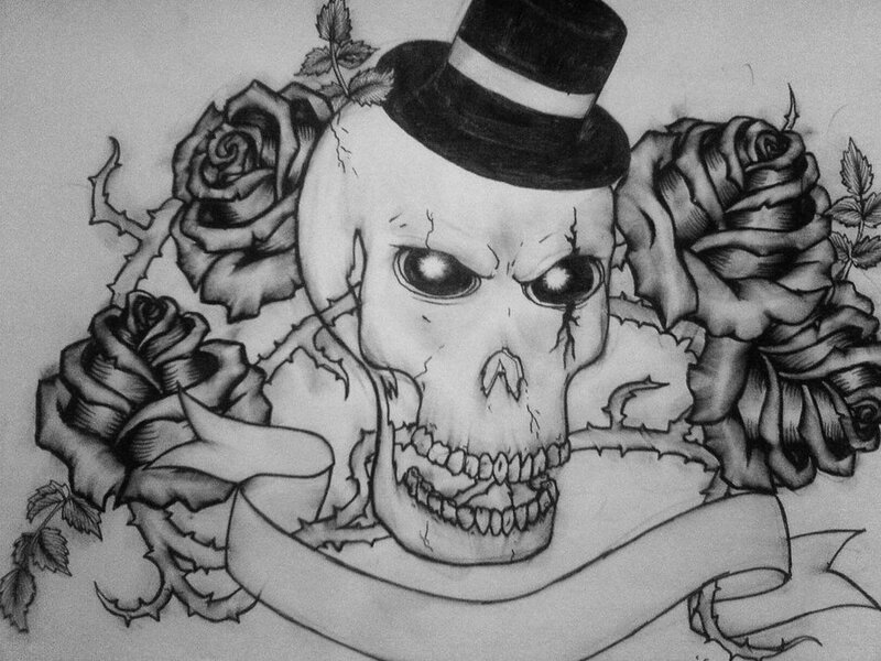 skull with top hat and roses