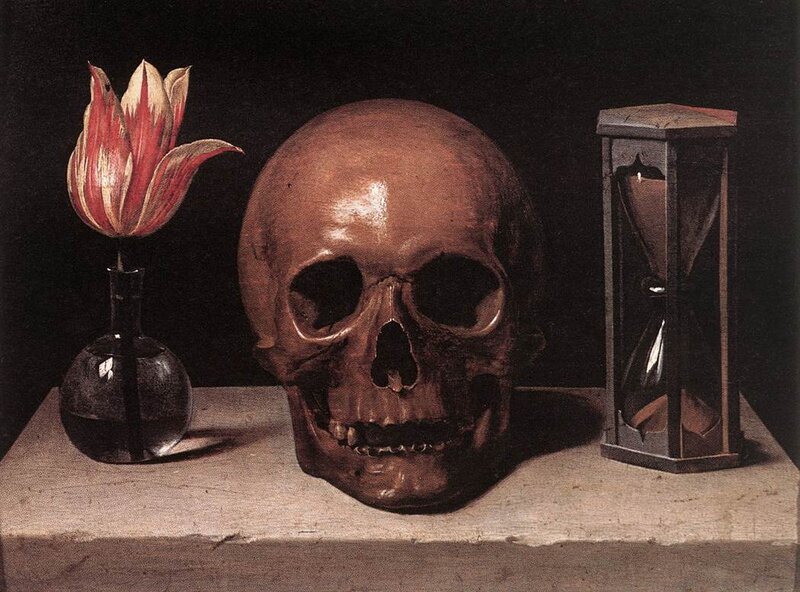Skull with tulip and hourglass