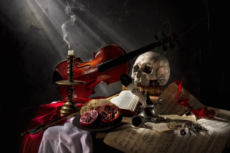 Skull with Violin and Pomegranate