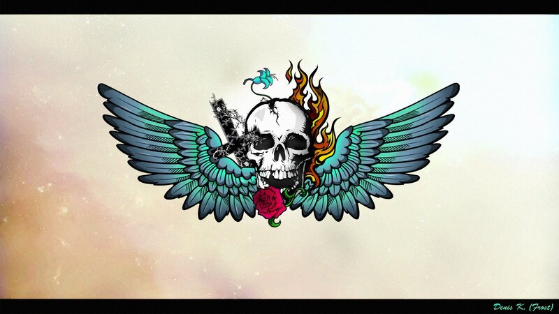Skull with Wings and Flowers