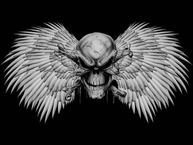 Skull with Wings — Black, Dark, Digital Art, Bones