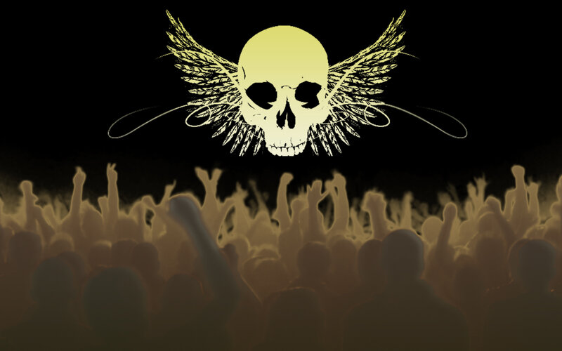 skull with wings over crowd