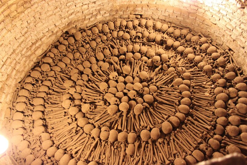 Skulls and bones in a crypt