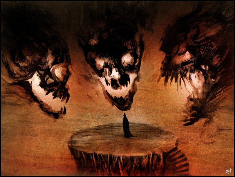 Skulls and Figure on Stump