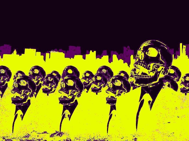 skulls in a cityscape