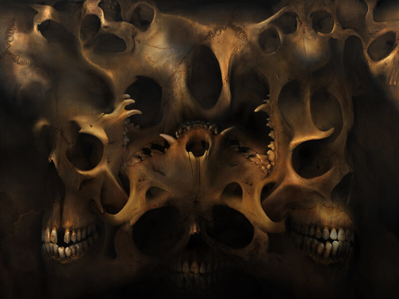 skulls in a dark cave