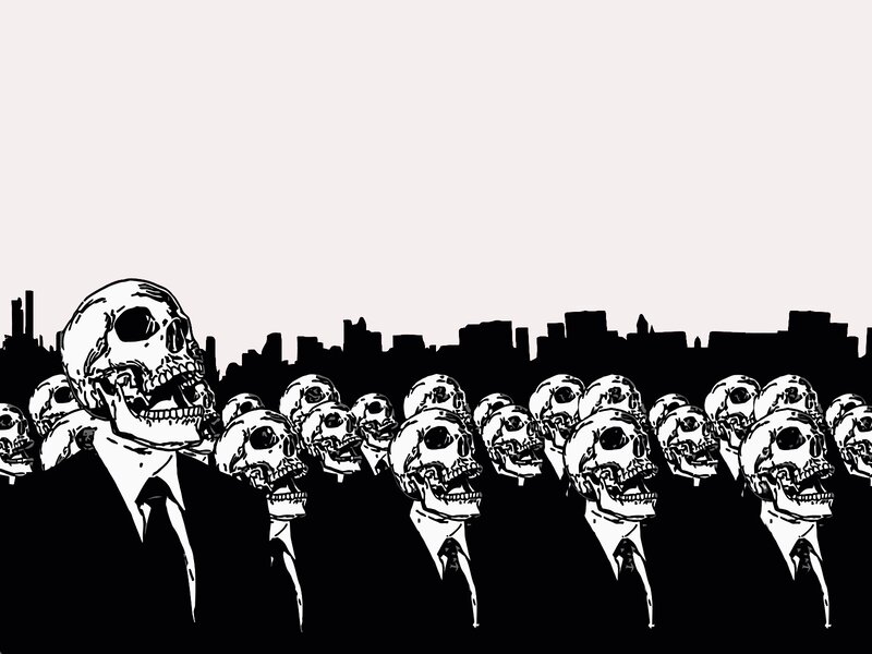 Skulls in Suits — Black, Dramatic, Illustration, City Skyline