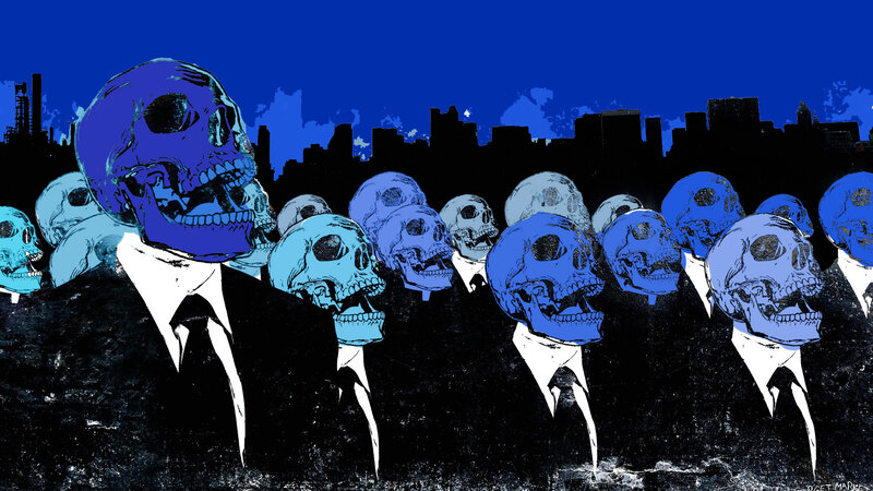 skulls in suits cityscape